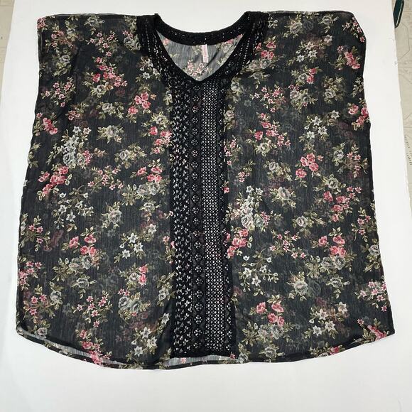 Xhileration Popover Kimono, Sheer Black Floral Flowy Crocheted Oversized, XS/S - Picture 7 of 9